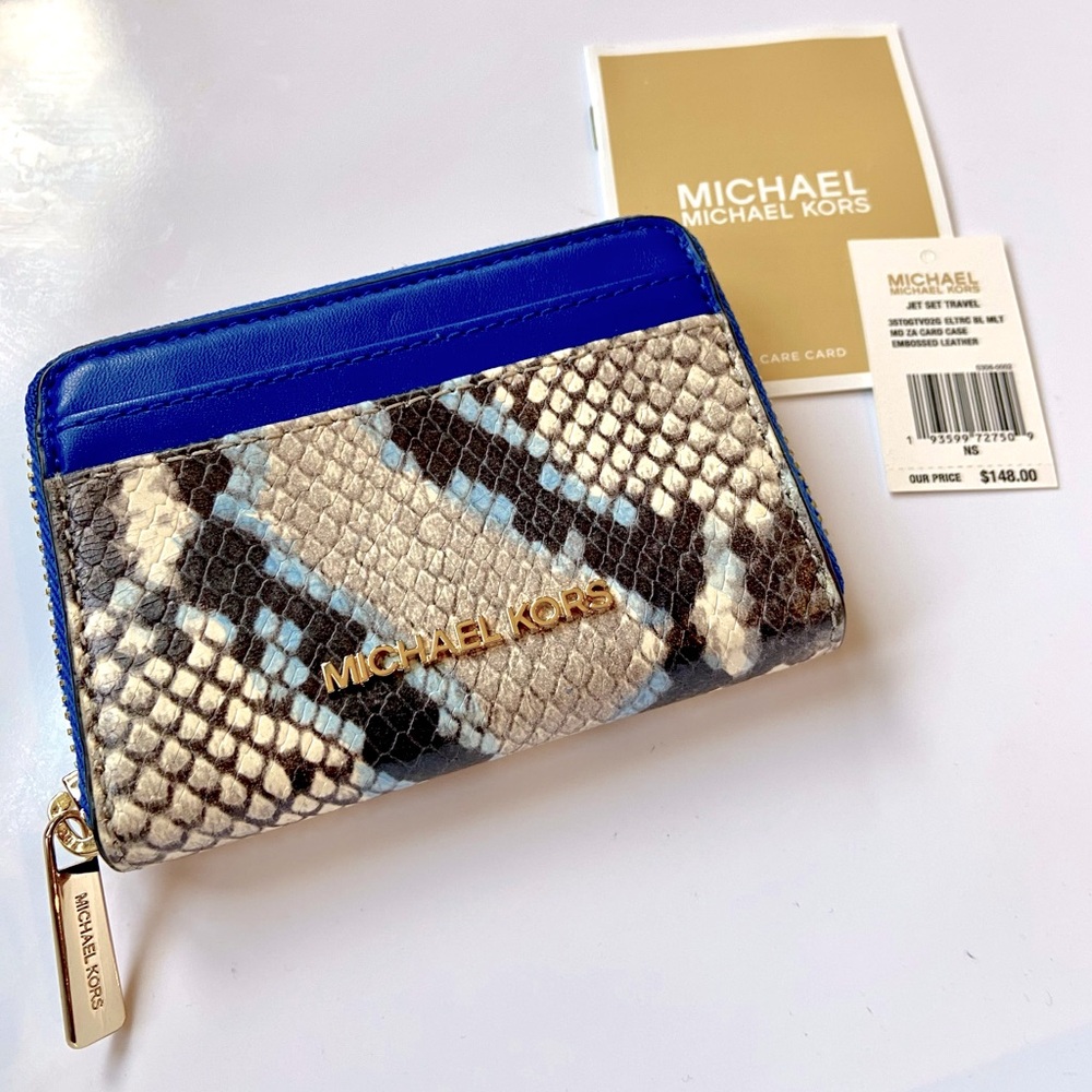 NWT MICHAEL KORS Jet Set Zip Card Case Wallet Blue Snake Leather 35T0GTVD2G